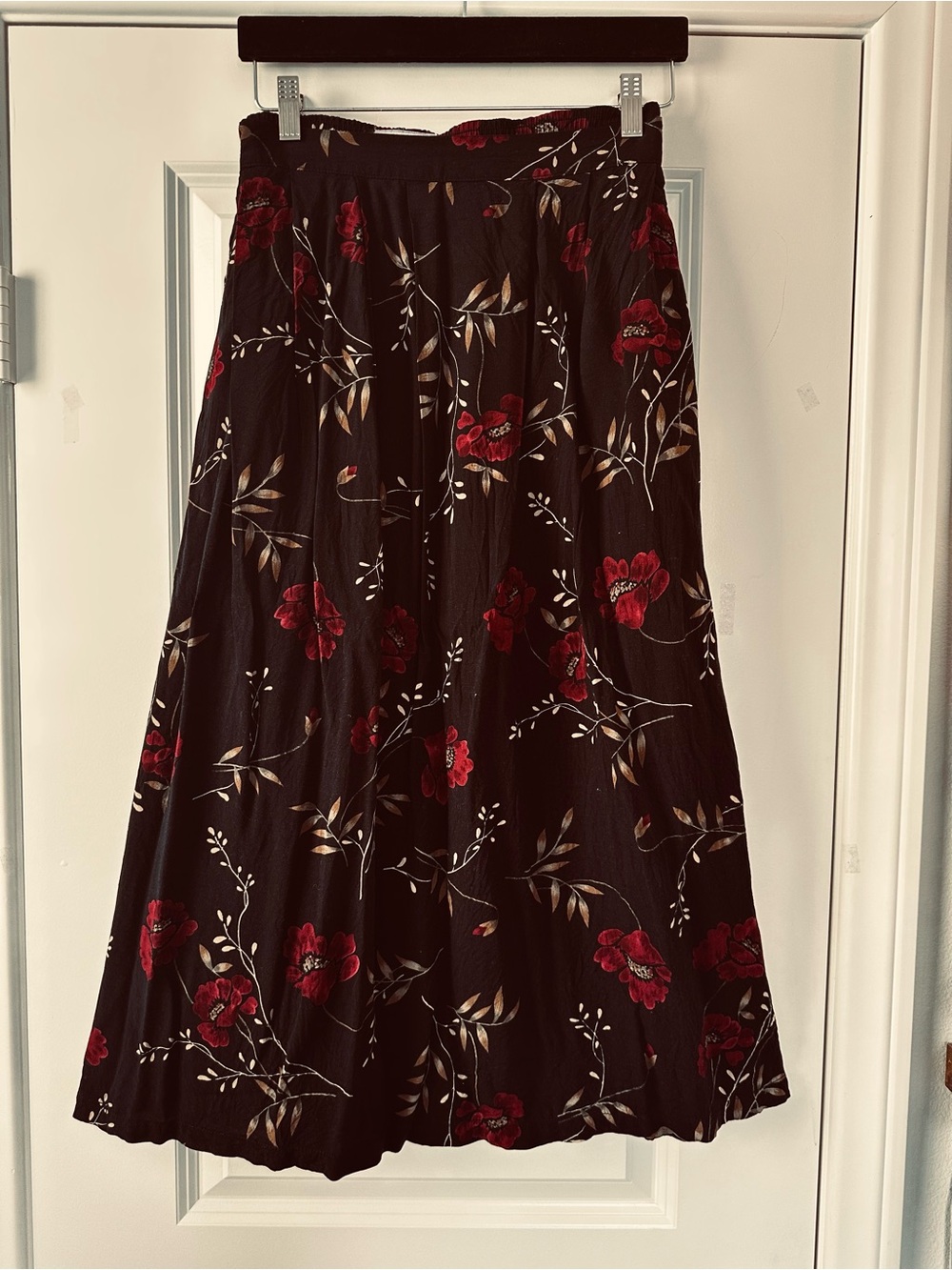 Black Red Floral Maxi Skirt 100% Rayon Gothic Dark Romantic Boho Fall Spooky XL